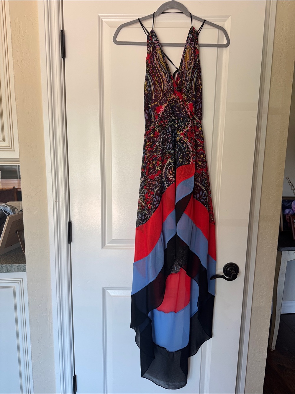 bebe Multi-Color Paisley High-Low Maxi Dress with Red and Blue Panels